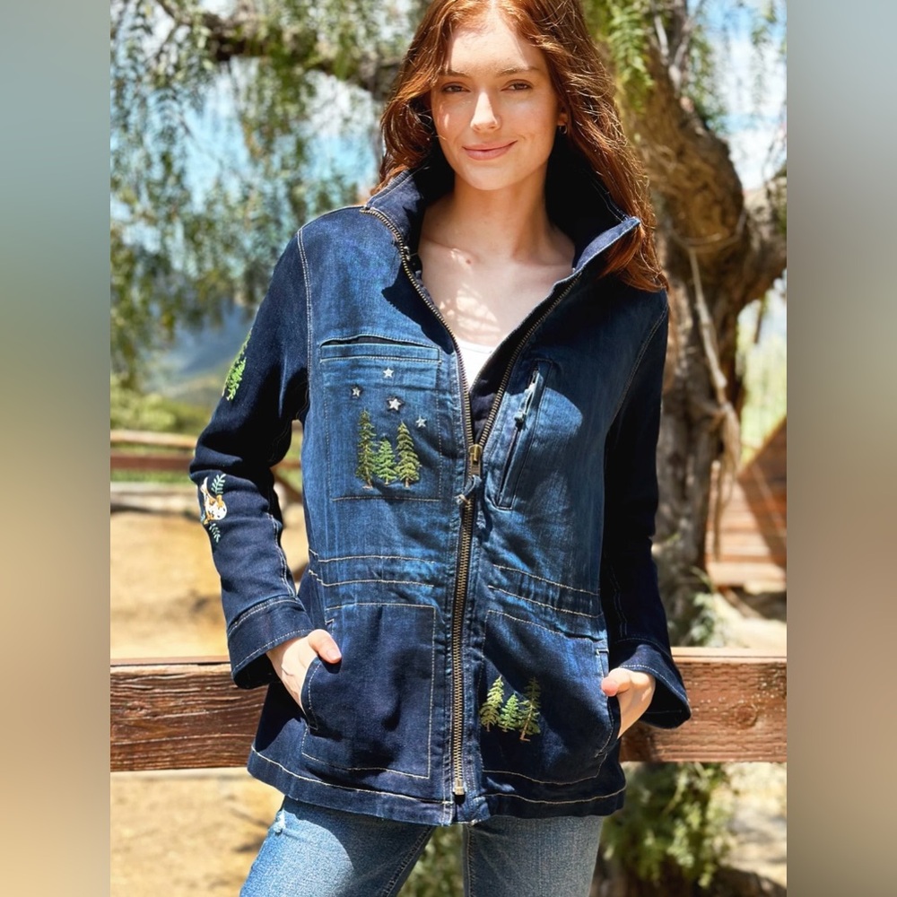 Billy T Happy Trees Embroidered Color Vintage Denim Cotton Jacket size Large NWT